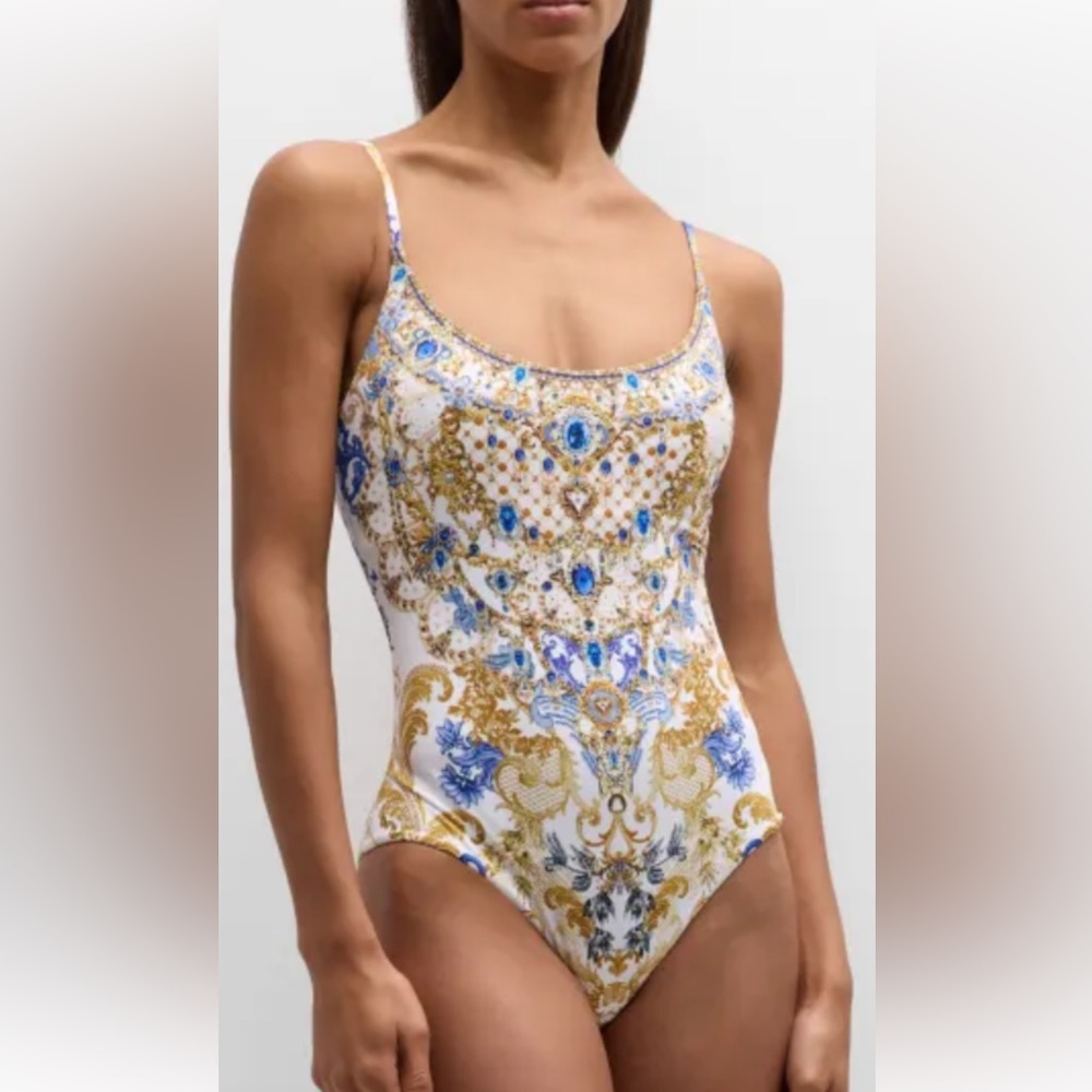 NWT $329 Camilla Blue Gold One Piece Swimsuit Size XS scoop Neck Soulsear